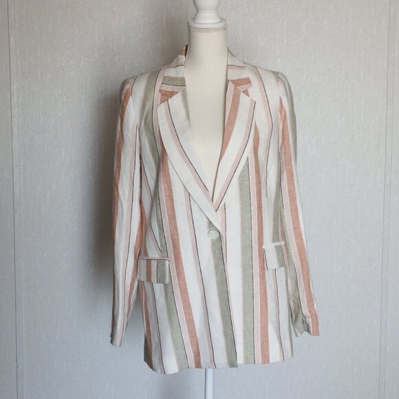 Rachel Zoe Pastel Striped Linen Oversized Padded Shoulder Blazer Jacket Size M - Picture 3 of 11